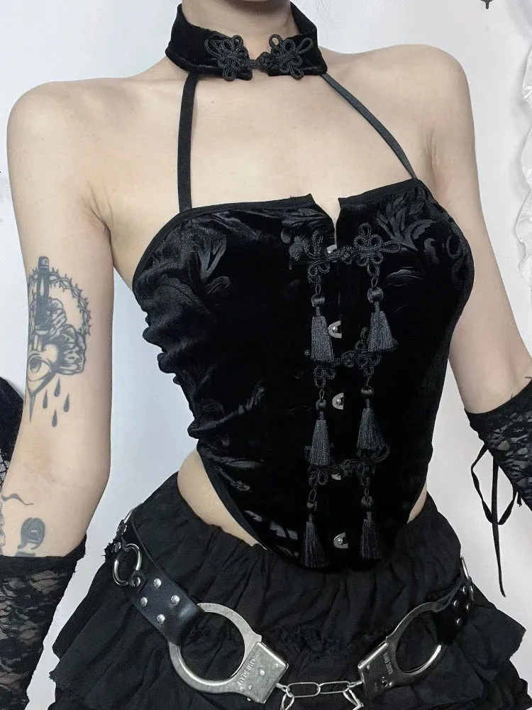 Flytonn-Halloween Outfits Halloween Gifts Gothic Style Summer 2024 New Arrival Spicy Girl Tank Top Gothic  Style Sexy Choker Neck Black Qipao Button Top for Women