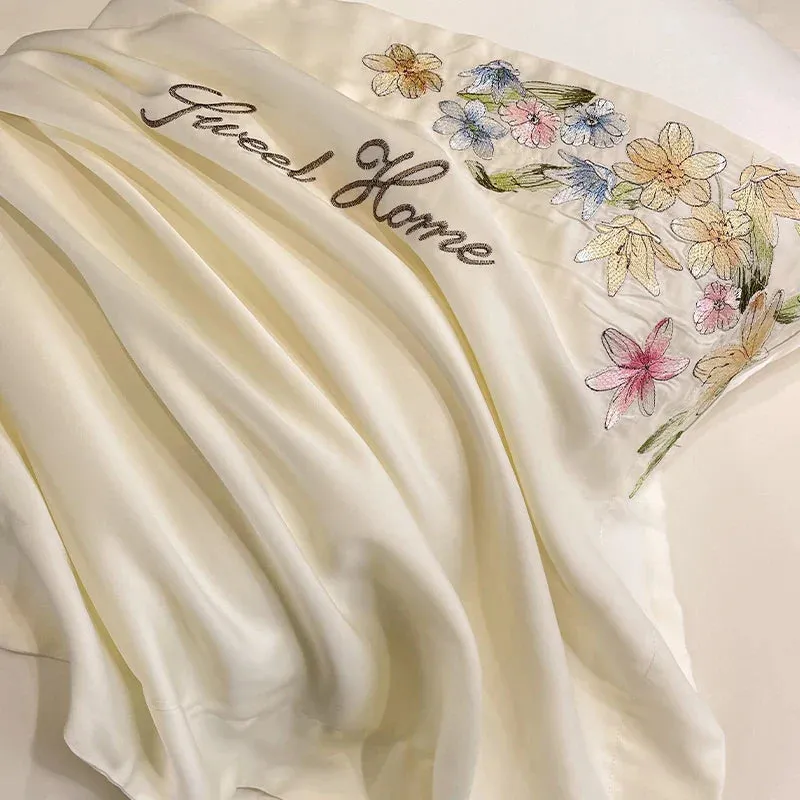 Flytonn-Luxury Bedding Set Flowers Embroidery Summer Ice Silky Duvet Cover Set Fitted Sheet Bed Sheet Pillowcases Comforter Cover Set
