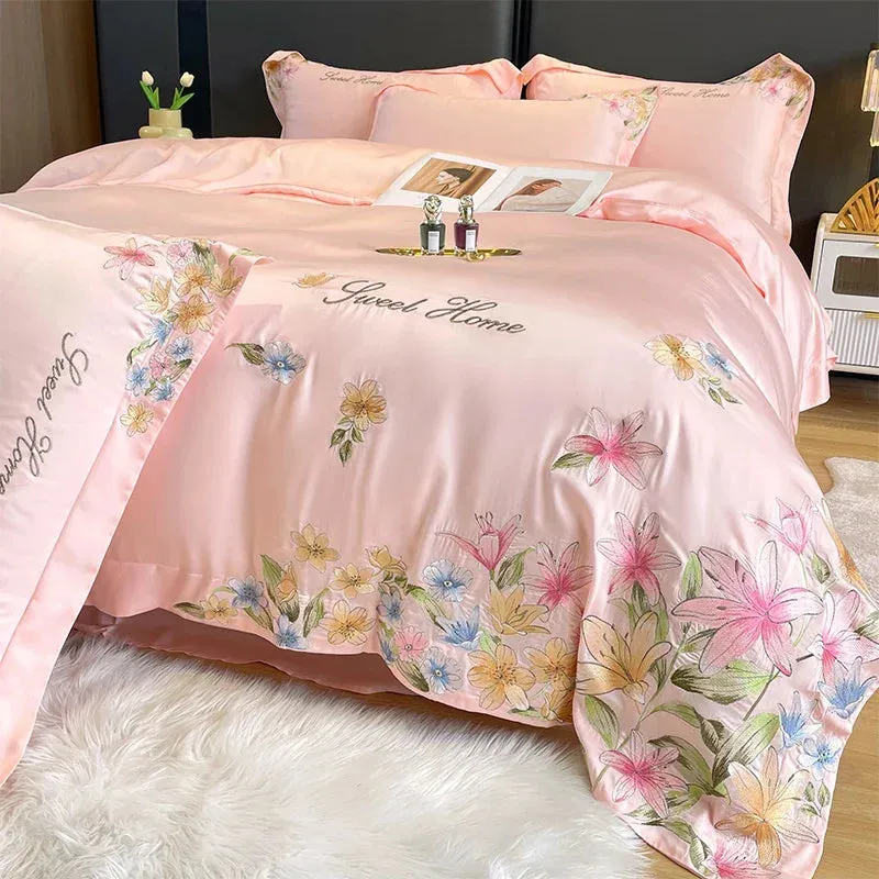 Flytonn-Luxury Bedding Set Flowers Embroidery Summer Ice Silky Duvet Cover Set Fitted Sheet Bed Sheet Pillowcases Comforter Cover Set