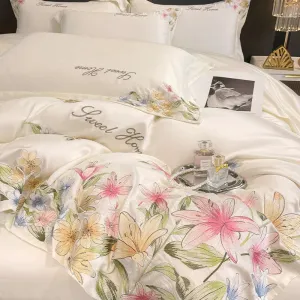 Flytonn-Luxury Bedding Set Flowers Embroidery Summer Ice Silky Duvet Cover Set Fitted Sheet Bed Sheet Pillowcases Comforter Cover Set