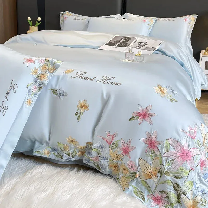 Flytonn-Luxury Bedding Set Flowers Embroidery Summer Ice Silky Duvet Cover Set Fitted Sheet Bed Sheet Pillowcases Comforter Cover Set