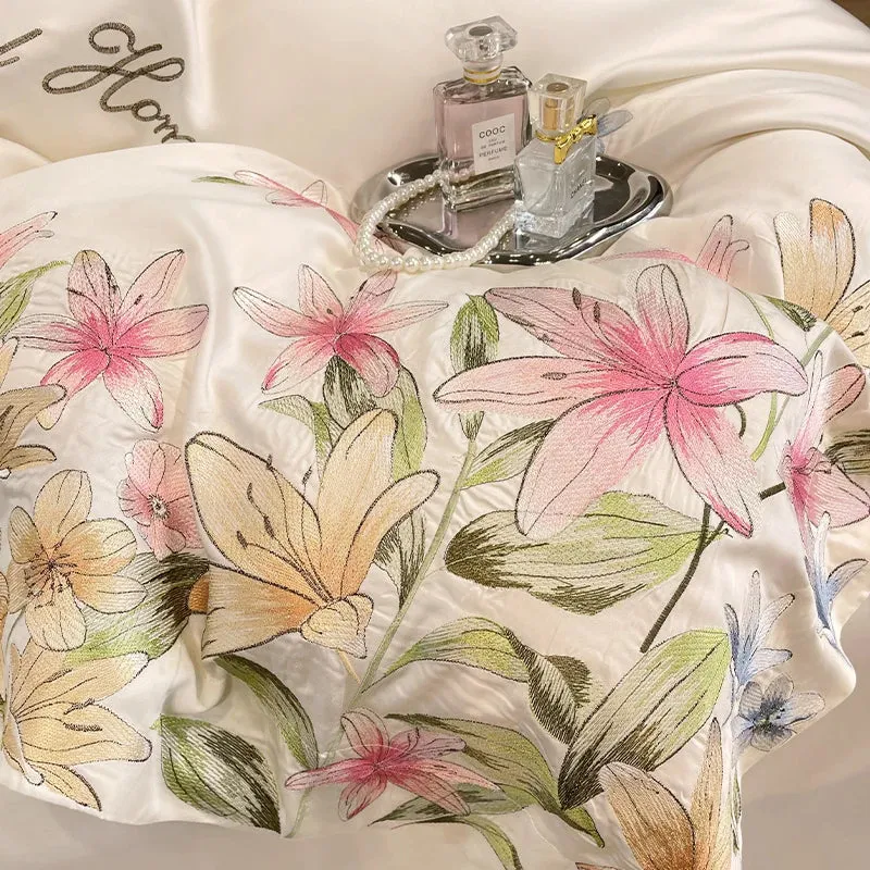 Flytonn-Luxury Bedding Set Flowers Embroidery Summer Ice Silky Duvet Cover Set Fitted Sheet Bed Sheet Pillowcases Comforter Cover Set