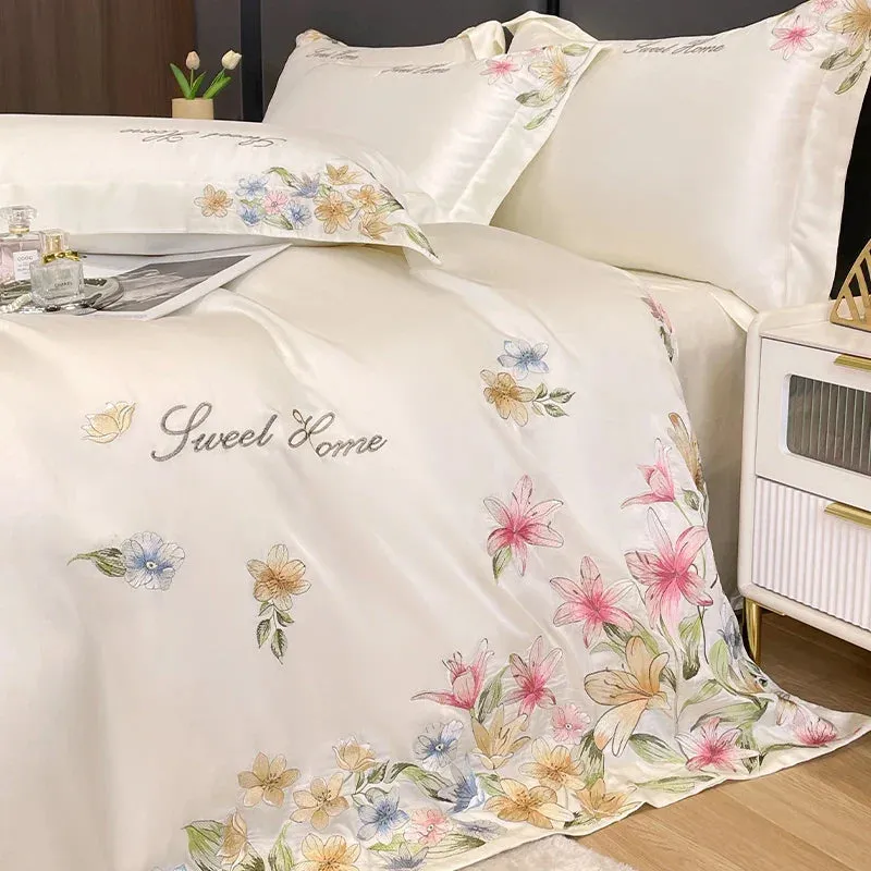 Flytonn-Luxury Bedding Set Flowers Embroidery Summer Ice Silky Duvet Cover Set Fitted Sheet Bed Sheet Pillowcases Comforter Cover Set