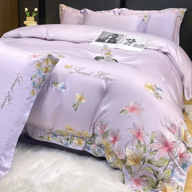 Flytonn-Luxury Bedding Set Flowers Embroidery Summer Ice Silky Duvet Cover Set Fitted Sheet Bed Sheet Pillowcases Comforter Cover Set