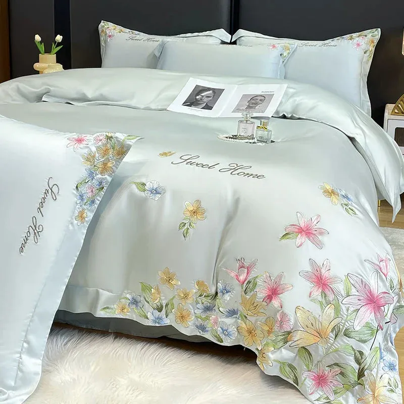 Flytonn-Luxury Bedding Set Flowers Embroidery Summer Ice Silky Duvet Cover Set Fitted Sheet Bed Sheet Pillowcases Comforter Cover Set