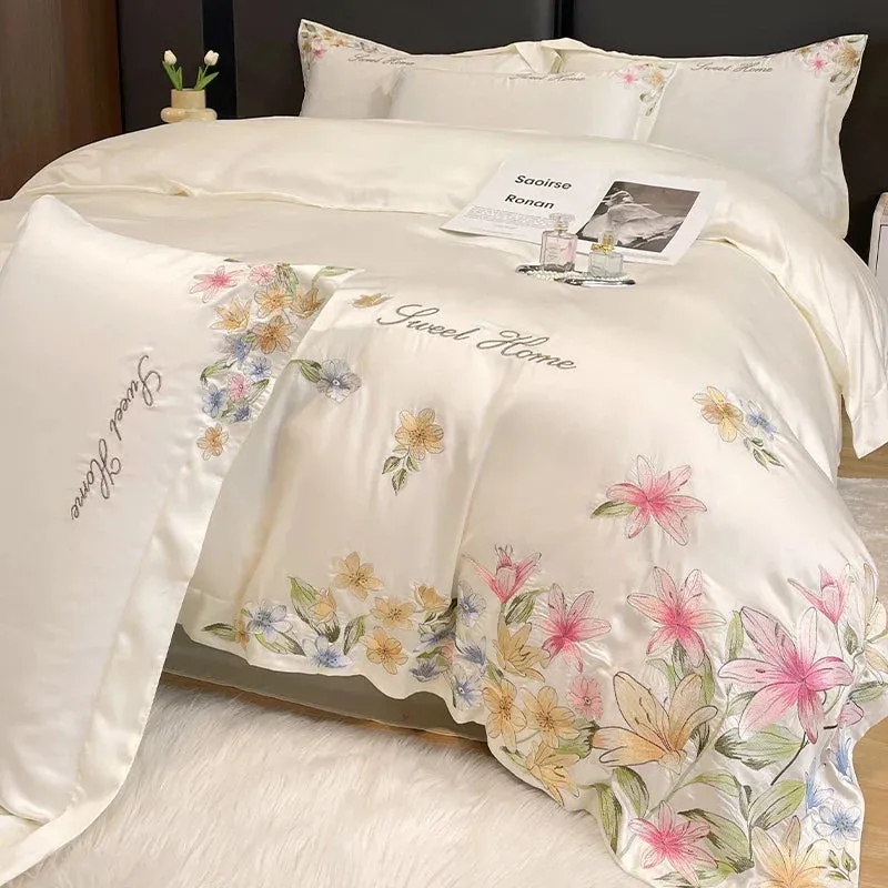 Flytonn-Luxury Bedding Set Flowers Embroidery Summer Ice Silky Duvet Cover Set Fitted Sheet Bed Sheet Pillowcases Comforter Cover Set