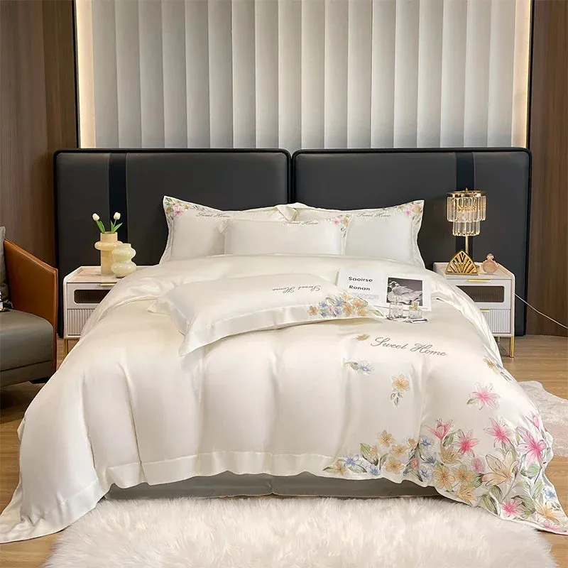 Flytonn-Luxury Bedding Set Flowers Embroidery Summer Ice Silky Duvet Cover Set Fitted Sheet Bed Sheet Pillowcases Comforter Cover Set