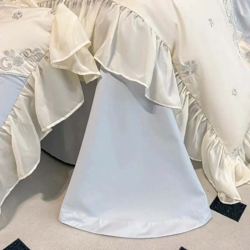 Flytonn-Luxury Egyptian Cotton Bedding Set, Duvet Cover Set, Flower Embroidery, Lace Ruffles, Flat, Fitted Bed Sheet, Pillowcases, 100S