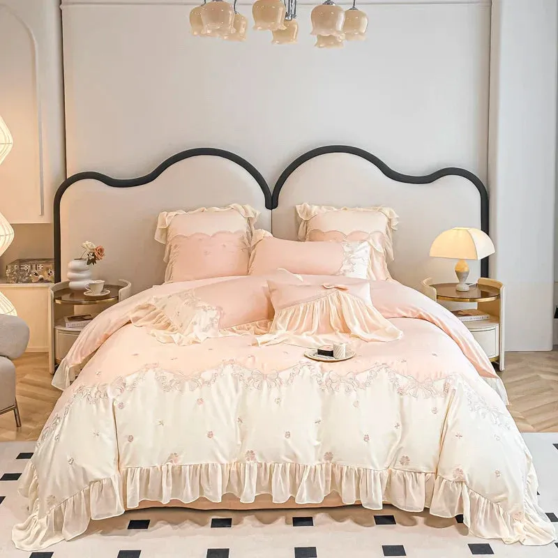 Flytonn-Luxury Egyptian Cotton Bedding Set, Duvet Cover Set, Flower Embroidery, Lace Ruffles, Flat, Fitted Bed Sheet, Pillowcases, 100S