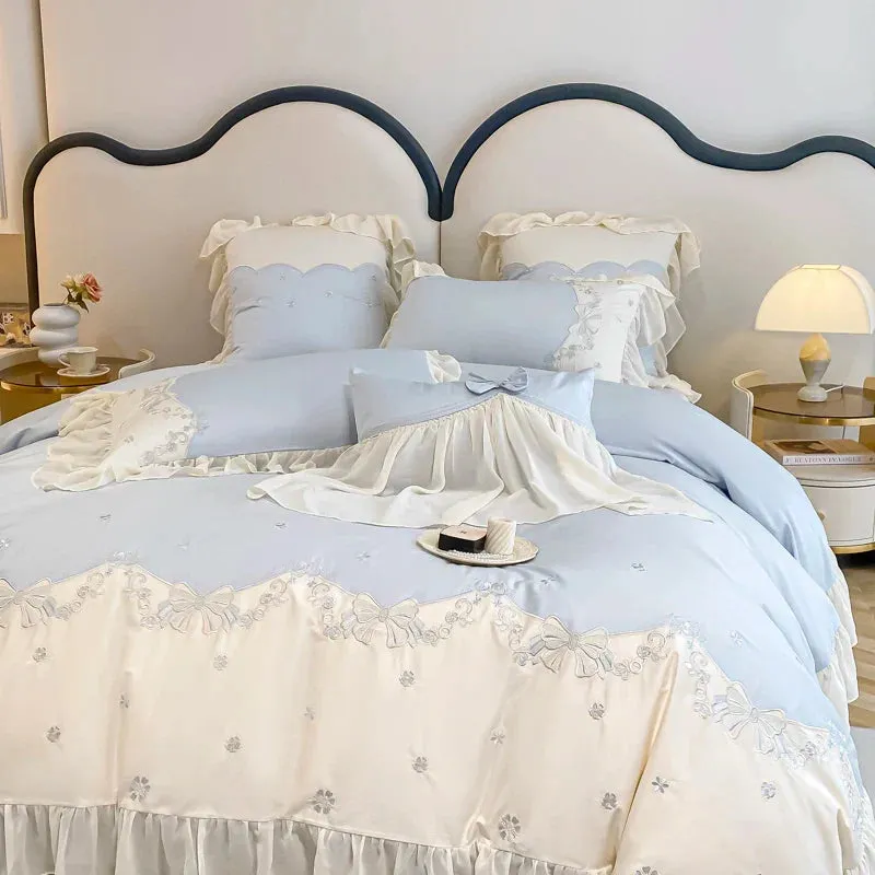 Flytonn-Luxury Egyptian Cotton Bedding Set, Duvet Cover Set, Flower Embroidery, Lace Ruffles, Flat, Fitted Bed Sheet, Pillowcases, 100S