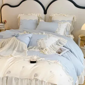 Flytonn-Luxury Egyptian Cotton Bedding Set, Duvet Cover Set, Flower Embroidery, Lace Ruffles, Flat, Fitted Bed Sheet, Pillowcases, 100S