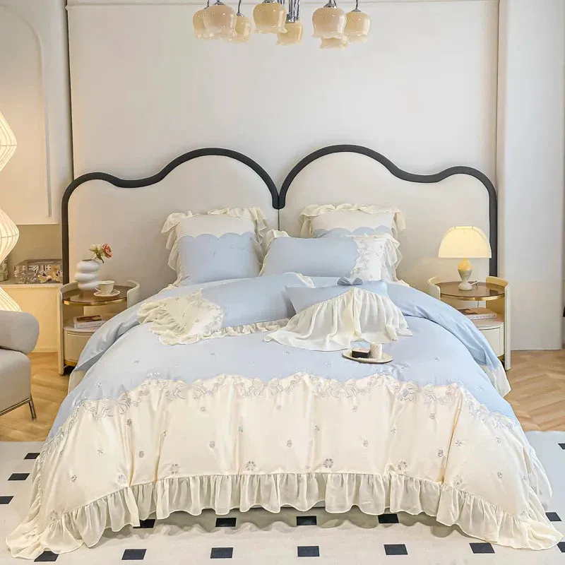 Flytonn-Luxury Egyptian Cotton Bedding Set, Duvet Cover Set, Flower Embroidery, Lace Ruffles, Flat, Fitted Bed Sheet, Pillowcases, 100S