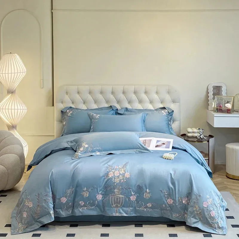 Flytonn-Milkshake White Pink Blue Pure Cotton Luxury Gold Flowers Embroidery Bedding Duvet Cover Set Fitted Sheet Bed Sheet Pillowcases