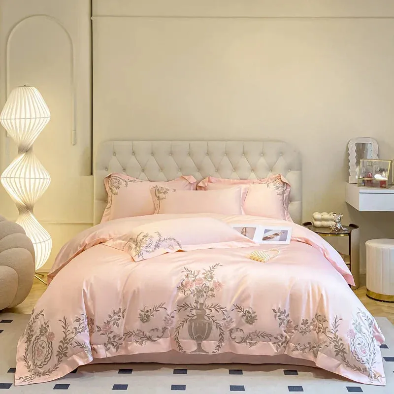 Flytonn-Milkshake White Pink Blue Pure Cotton Luxury Gold Flowers Embroidery Bedding Duvet Cover Set Fitted Sheet Bed Sheet Pillowcases