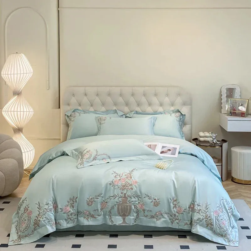 Flytonn-Milkshake White Pink Blue Pure Cotton Luxury Gold Flowers Embroidery Bedding Duvet Cover Set Fitted Sheet Bed Sheet Pillowcases