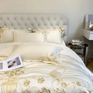 Flytonn-Milkshake White Pink Blue Pure Cotton Luxury Gold Flowers Embroidery Bedding Duvet Cover Set Fitted Sheet Bed Sheet Pillowcases