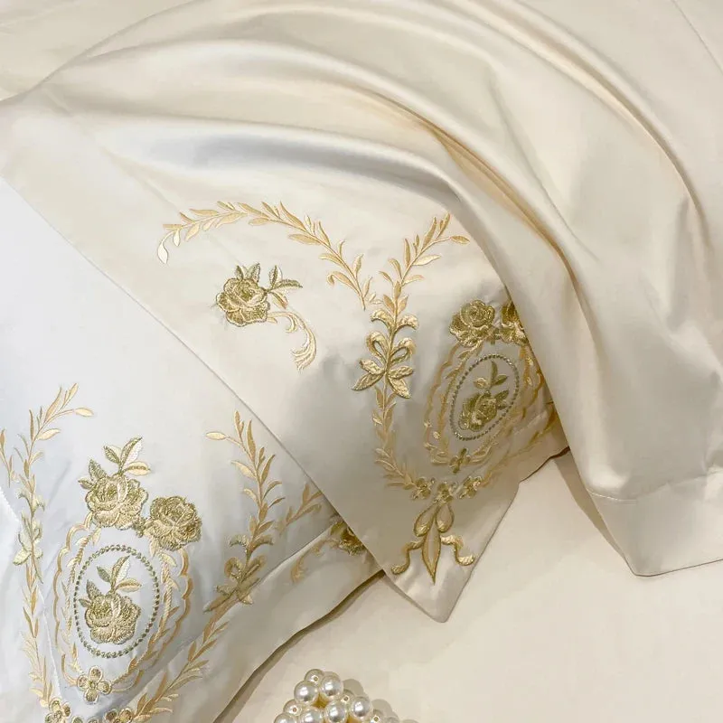 Flytonn-Milkshake White Pink Blue Pure Cotton Luxury Gold Flowers Embroidery Bedding Duvet Cover Set Fitted Sheet Bed Sheet Pillowcases
