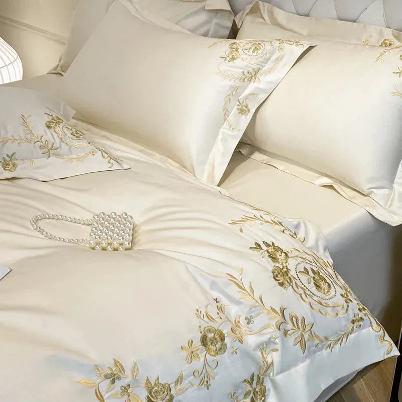 Flytonn-Milkshake White Pink Blue Pure Cotton Luxury Gold Flowers Embroidery Bedding Duvet Cover Set Fitted Sheet Bed Sheet Pillowcases
