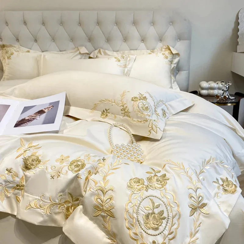 Flytonn-Milkshake White Pink Blue Pure Cotton Luxury Gold Flowers Embroidery Bedding Duvet Cover Set Fitted Sheet Bed Sheet Pillowcases