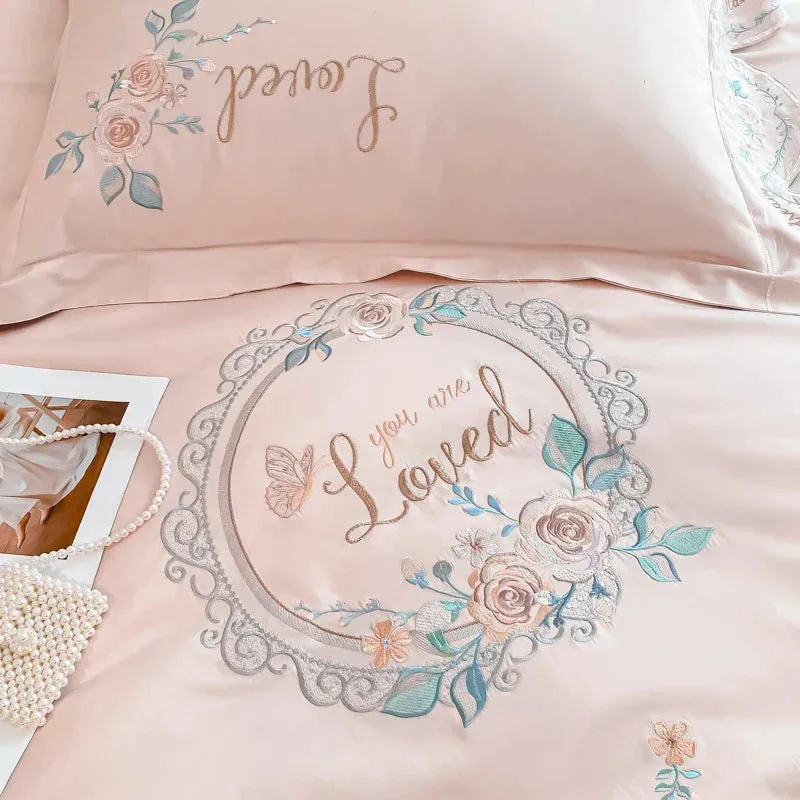 Flytonn-Pink Vintage Rose Flowers Embroidery Princess Bedding Set, 100s Egyptian Cotton, Curve Edge Duvet Cover, Bed Sheet, Pillowcases