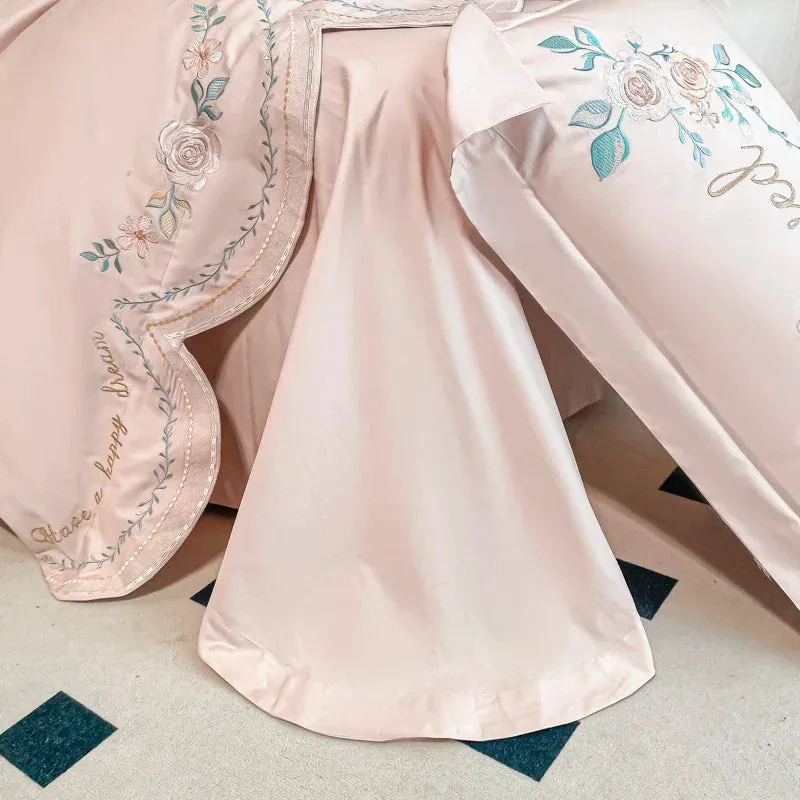 Flytonn-Pink Vintage Rose Flowers Embroidery Princess Bedding Set, 100s Egyptian Cotton, Curve Edge Duvet Cover, Bed Sheet, Pillowcases