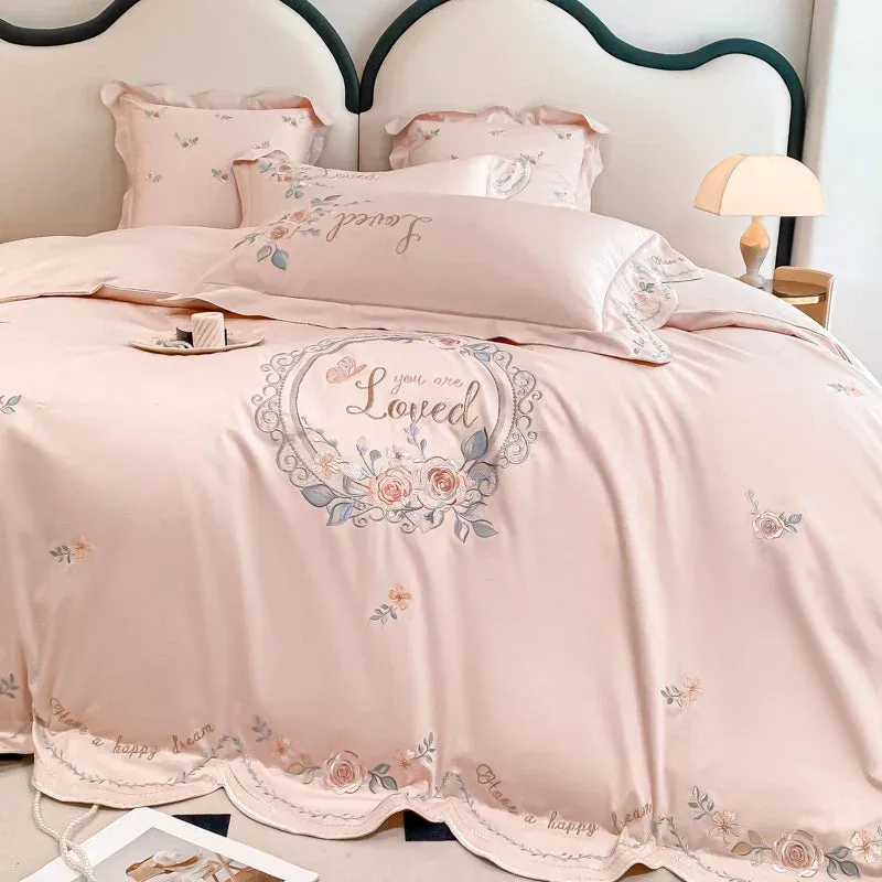 Flytonn-Pink Vintage Rose Flowers Embroidery Princess Bedding Set, 100s Egyptian Cotton, Curve Edge Duvet Cover, Bed Sheet, Pillowcases