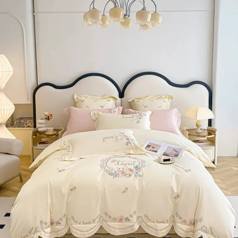 Flytonn-Pink Vintage Rose Flowers Embroidery Princess Bedding Set, 100s Egyptian Cotton, Curve Edge Duvet Cover, Bed Sheet, Pillowcases
