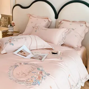 Flytonn-Pink Vintage Rose Flowers Embroidery Princess Bedding Set, 100s Egyptian Cotton, Curve Edge Duvet Cover, Bed Sheet, Pillowcases