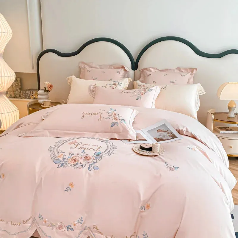 Flytonn-Pink Vintage Rose Flowers Embroidery Princess Bedding Set, 100s Egyptian Cotton, Curve Edge Duvet Cover, Bed Sheet, Pillowcases