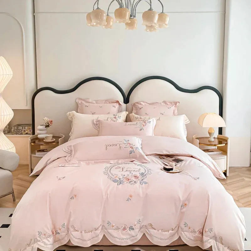 Flytonn-Pink Vintage Rose Flowers Embroidery Princess Bedding Set, 100s Egyptian Cotton, Curve Edge Duvet Cover, Bed Sheet, Pillowcases