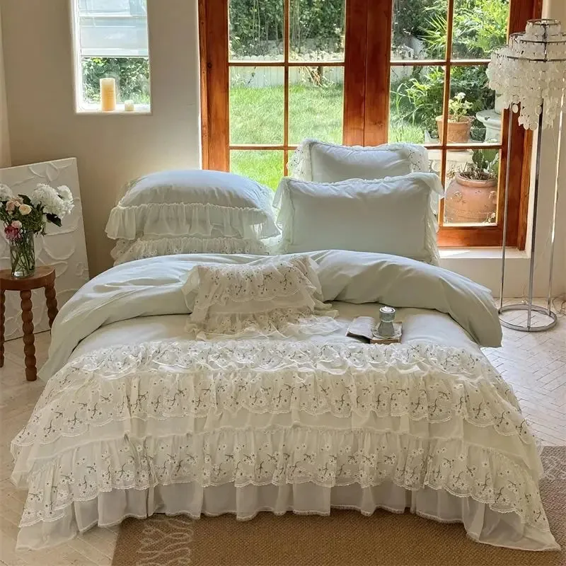 Flytonn-Three-layer Floral Lace Ruffles Wedding Bedding Set 1000TC Egyptian Cotton Brushed  Duvet Cover Flat/Fitted Bed Sheet Pillowcase