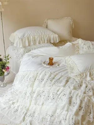 Flytonn-Three-layer Floral Lace Ruffles Wedding Bedding Set 1000TC Egyptian Cotton Brushed  Duvet Cover Flat/Fitted Bed Sheet Pillowcase