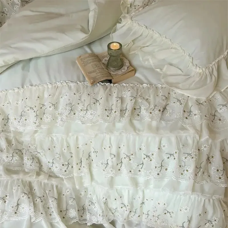 Flytonn-Three-layer Floral Lace Ruffles Wedding Bedding Set 1000TC Egyptian Cotton Brushed  Duvet Cover Flat/Fitted Bed Sheet Pillowcase
