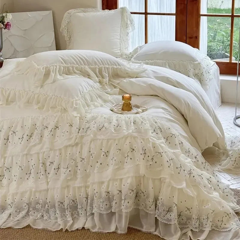 Flytonn-Three-layer Floral Lace Ruffles Wedding Bedding Set 1000TC Egyptian Cotton Brushed  Duvet Cover Flat/Fitted Bed Sheet Pillowcase