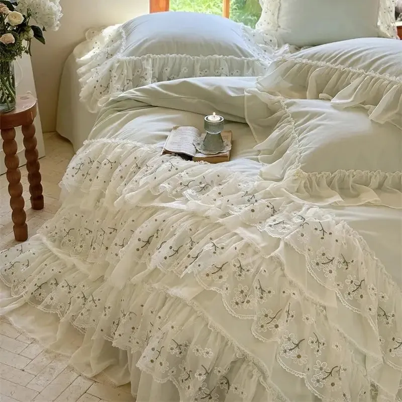 Flytonn-Three-layer Floral Lace Ruffles Wedding Bedding Set 1000TC Egyptian Cotton Brushed  Duvet Cover Flat/Fitted Bed Sheet Pillowcase