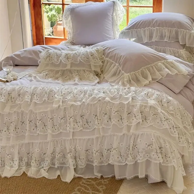 Flytonn-Three-layer Floral Lace Ruffles Wedding Bedding Set 1000TC Egyptian Cotton Brushed  Duvet Cover Flat/Fitted Bed Sheet Pillowcase