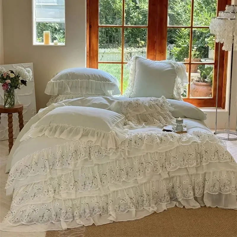 Flytonn-Three-layer Floral Lace Ruffles Wedding Bedding Set 1000TC Egyptian Cotton Brushed  Duvet Cover Flat/Fitted Bed Sheet Pillowcase