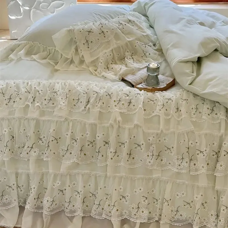 Flytonn-Three-layer Floral Lace Ruffles Wedding Bedding Set 1000TC Egyptian Cotton Brushed  Duvet Cover Flat/Fitted Bed Sheet Pillowcase