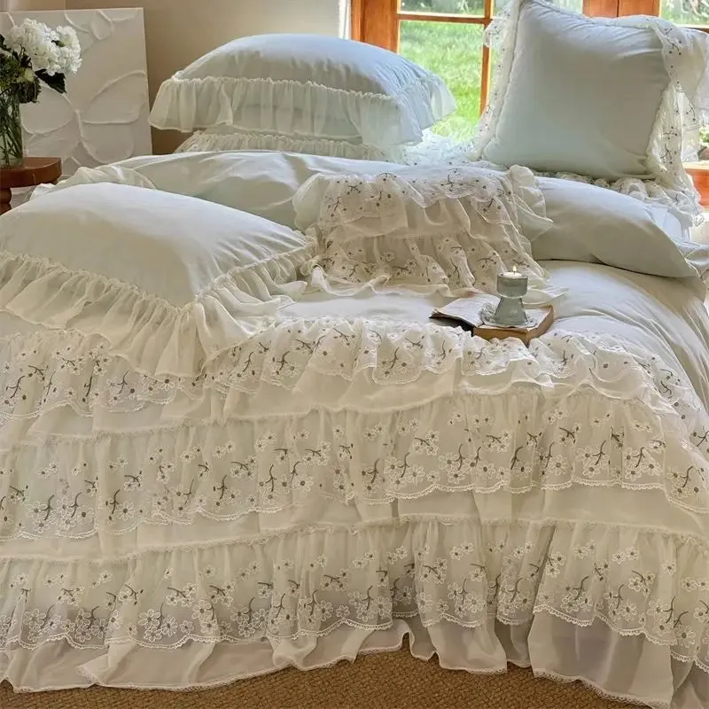 Flytonn-Three-layer Floral Lace Ruffles Wedding Bedding Set 1000TC Egyptian Cotton Brushed  Duvet Cover Flat/Fitted Bed Sheet Pillowcase