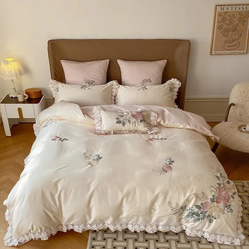 Flytonn-Vintage French Princess Bedding Set 1000TC Egyptian Cotton Flowers Embroidery Ruffles Duvet Cover Set Bed Sheet Pillowcases 4Pcs
