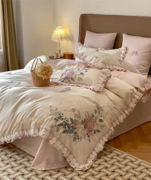 Flytonn-Vintage French Princess Bedding Set 1000TC Egyptian Cotton Flowers Embroidery Ruffles Duvet Cover Set Bed Sheet Pillowcases 4Pcs