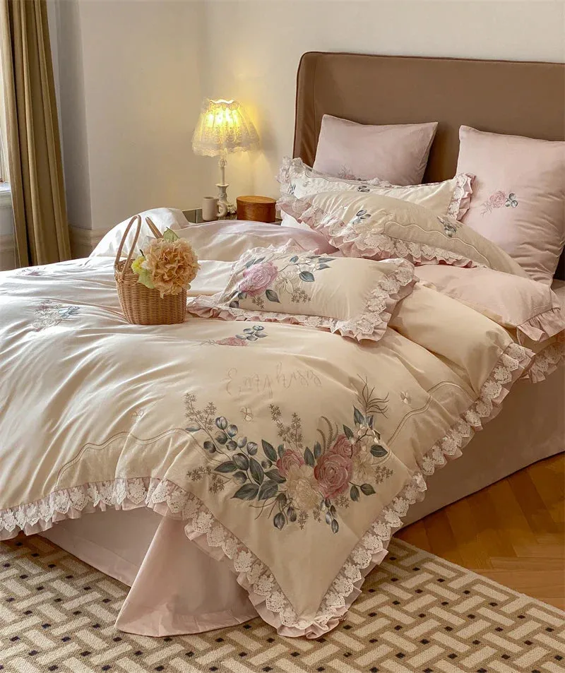 Flytonn-Vintage French Princess Bedding Set 1000TC Egyptian Cotton Flowers Embroidery Ruffles Duvet Cover Set Bed Sheet Pillowcases 4Pcs
