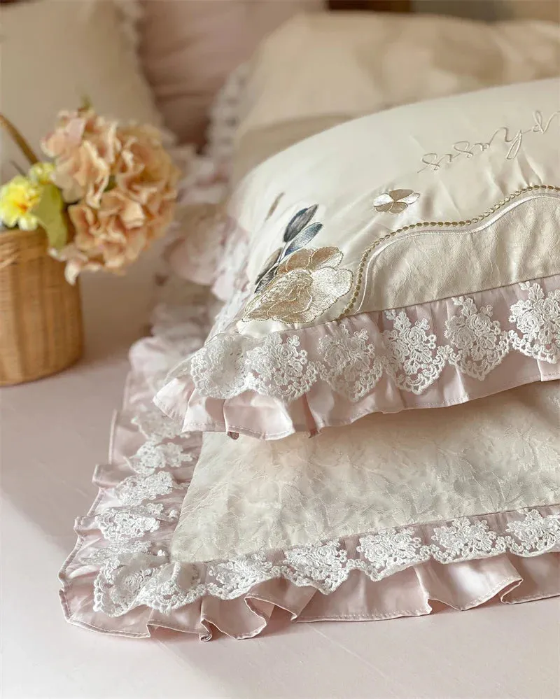 Flytonn-Vintage French Princess Bedding Set 1000TC Egyptian Cotton Flowers Embroidery Ruffles Duvet Cover Set Bed Sheet Pillowcases 4Pcs