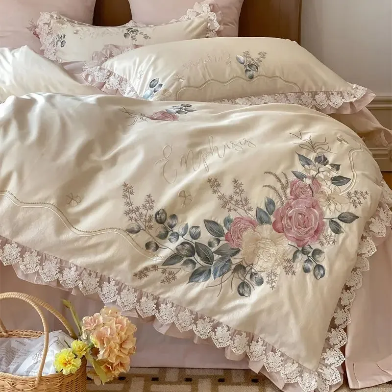 Flytonn-Vintage French Princess Bedding Set 1000TC Egyptian Cotton Flowers Embroidery Ruffles Duvet Cover Set Bed Sheet Pillowcases 4Pcs
