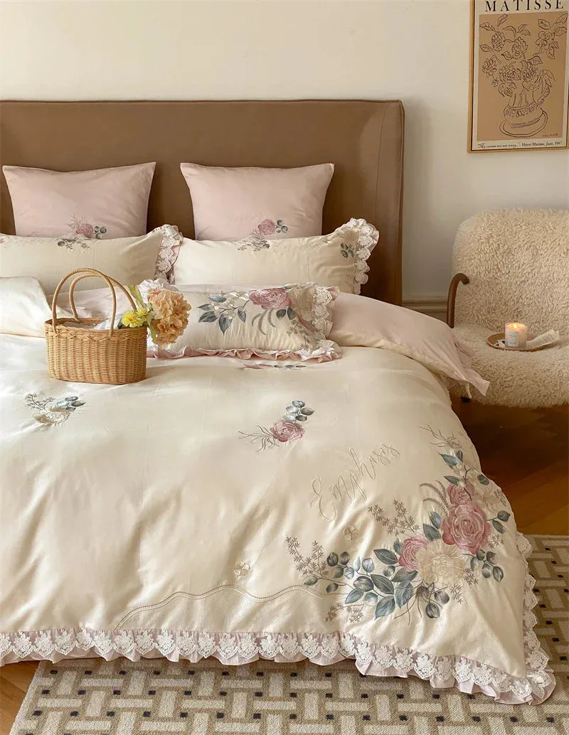Flytonn-Vintage French Princess Bedding Set 1000TC Egyptian Cotton Flowers Embroidery Ruffles Duvet Cover Set Bed Sheet Pillowcases 4Pcs