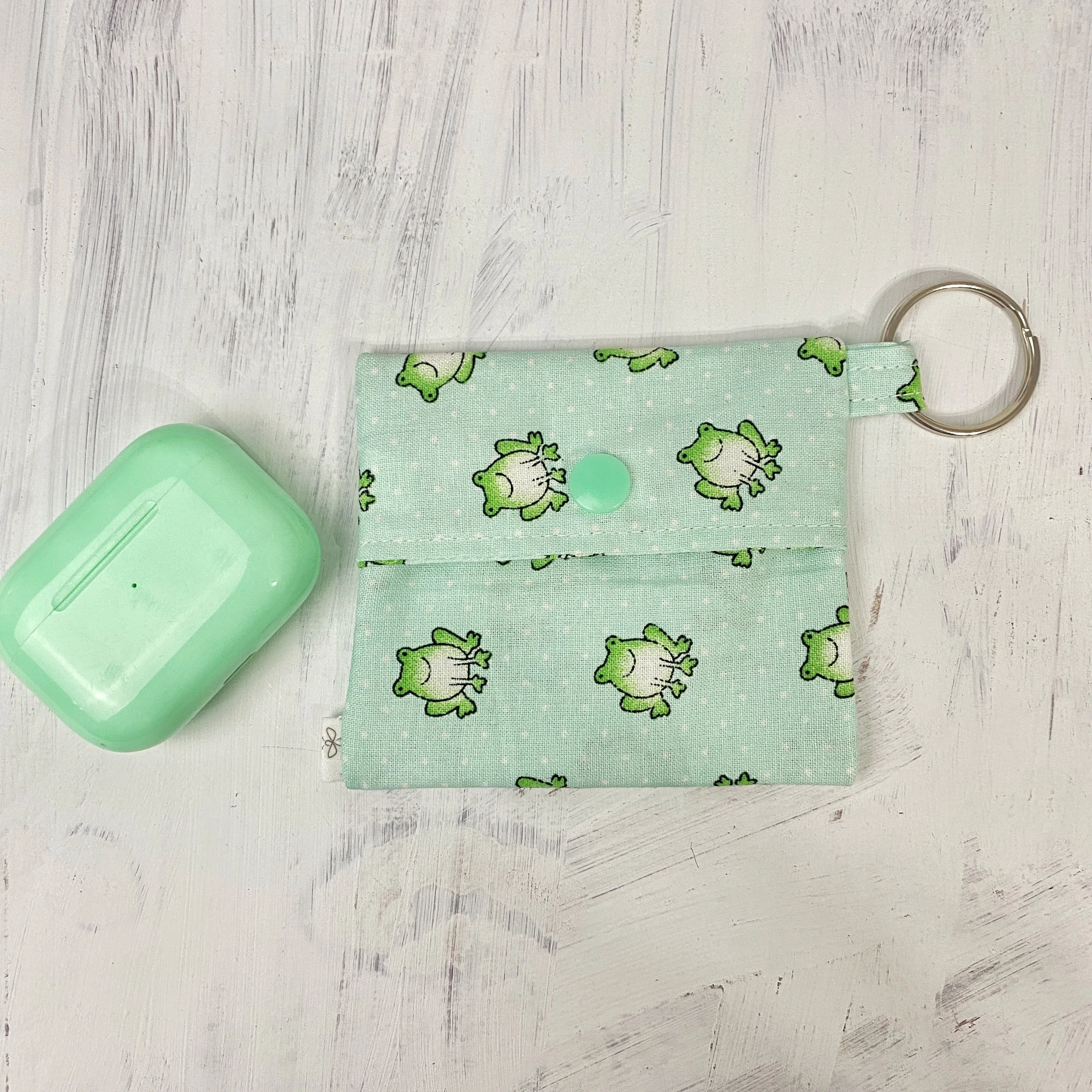 Frog Square Fabric Pouch Keychain, Headphone Holder, Ear Bud Pouch