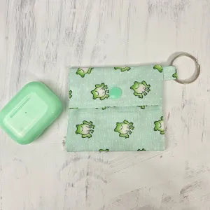 Frog Square Fabric Pouch Keychain, Headphone Holder, Ear Bud Pouch