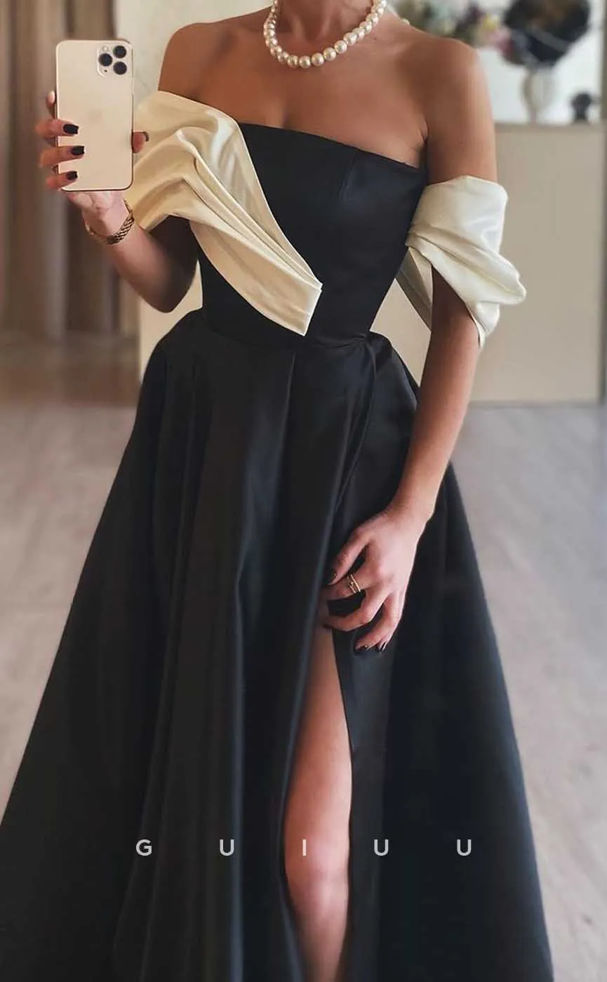 G4555 -  Elegant A-Line oFF-Shoulder Black High Side Slit Prom Evening Gown with Train
