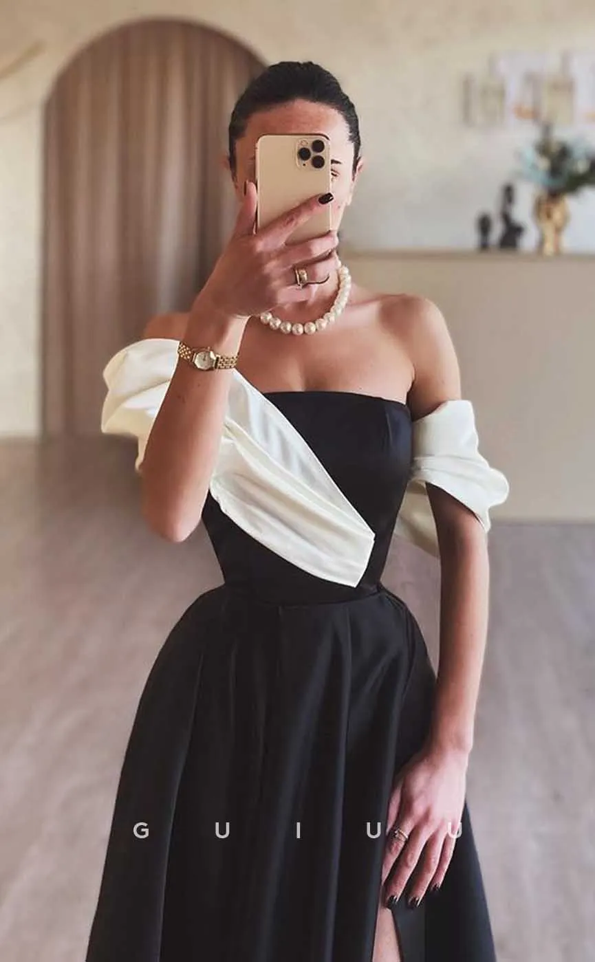 G4555 -  Elegant A-Line oFF-Shoulder Black High Side Slit Prom Evening Gown with Train