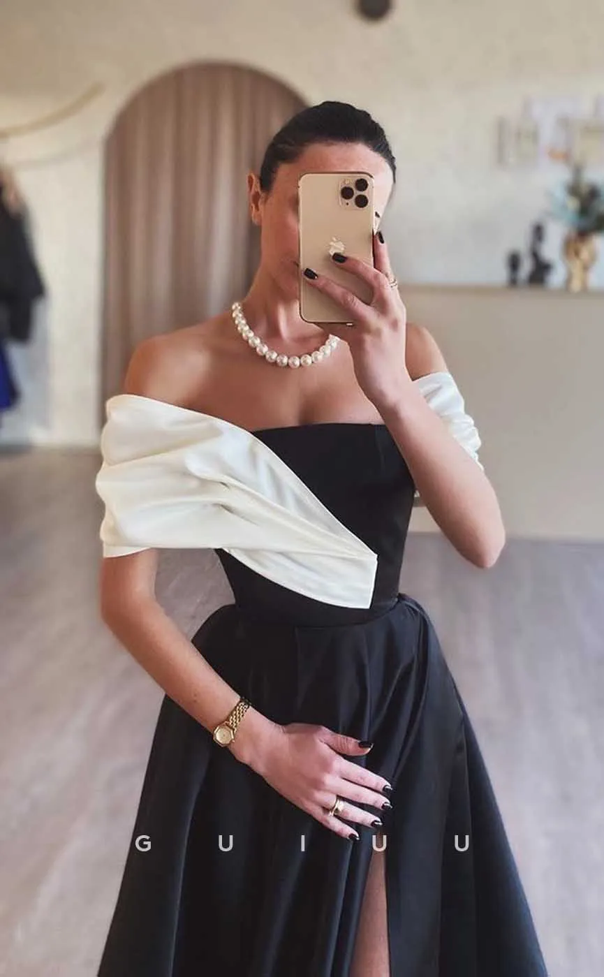 G4555 -  Elegant A-Line oFF-Shoulder Black High Side Slit Prom Evening Gown with Train